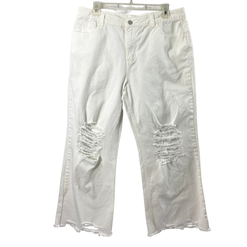 AnnieWear Jeans Women XL White Distressed Wide Leg Raw Hem Streetwear‎ Pants